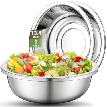 Imagem de Offiper Conjunto de tigelas grandes de aço inoxidável 304 (18/8), pacote com 3, 34 cm, 7,4 litros, grande, prata, metal, preparação, cozinha, armazenamento, lava-louças, com base plana