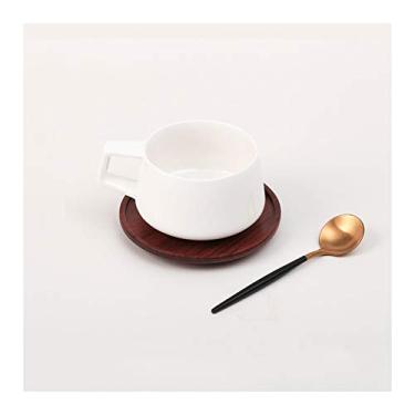 Imagem de Caneca de porcelana xícaras de café expresso com colher de metal 105 g/110 mililitros xícara de café de cerâmica pequena caneca de café com alça, caneca de café branca (cor: com porta-copos