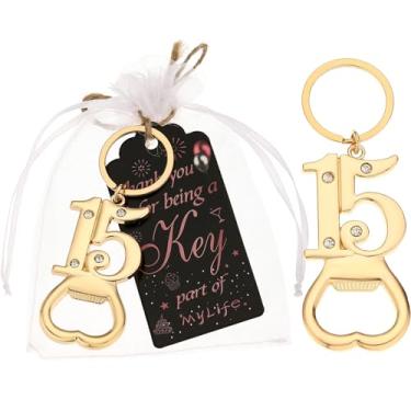 Imagem de 12 peças 15º chaveiro de ouro abridor de garrafas lembrancinhas de festa de 15 anos, 15 abridores de garrafas de cerveja lembrancinhas de aniversário de 15 presentes de devolução para convidados