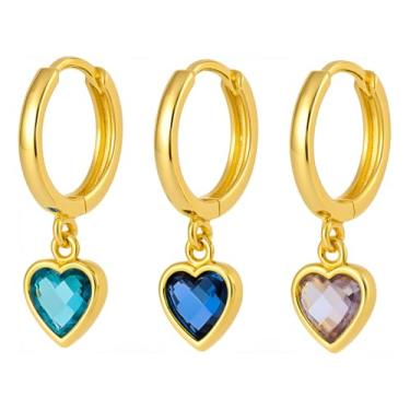 Imagem de AURUM SEMIJOIAS Kit Conjunto Trio de Brincos de Argola Dourados com Pingentes de Coração em Cristais Coloridos, 3 Cores: Azul Turquesa, Azul Safira e Rosa Claro, Brincos 3 Furos, Semijoias Finas Para Mulheres Elegantes e de Personalidade.