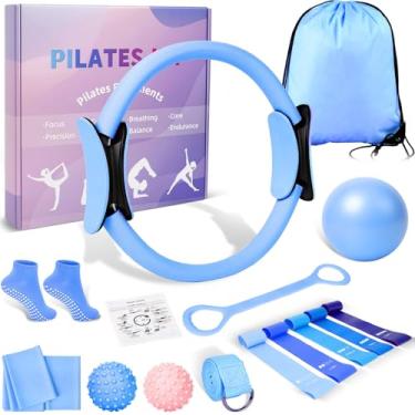 Imagem de Conjunto de anel e bola de Pilates para mulheres, kit de pilates para treino doméstico, argola mágica com 5 faixas de resistência, equipamento de pilates, acessórios para iniciantes (azul)