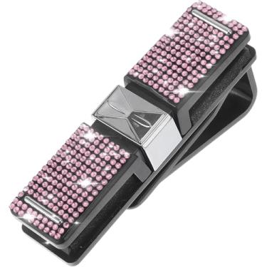 Imagem de Suporte de óculos de sol com strass de cristal brilhante para carro viseira de sol suporte suporte de couro PU clipes organizadores de óculos decoração clipe de cartão de bilhete de cristal (rosa)