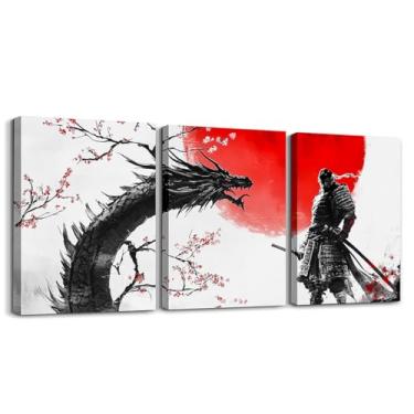 Imagem de jejeloiu Arte de parede em tela emoldurada japonesa Samurai e dragão decoração de parede para quarto flores de cerejeira pintura para decoração de quarto escritório pôsteres sol vermelho arte 30,5 x