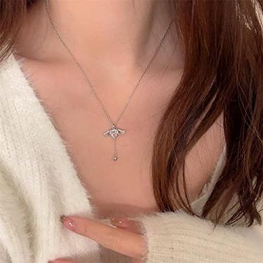 Imagem de Colares femininos com pingente de coração de asas de anjo de cristal simples Y2K colares de strass elegantes para mulheres joias presentes, 40-45cm, Metal, Sem Pedra Preciosa