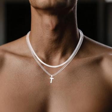 Imagem de Colar masculino com pingente de letra A a Z em camadas, corrente de espinha de peixe com letra cubana de aço inoxidável, joias modernas, presentes, 18 inches, Metal, Sem Pedra Preciosa