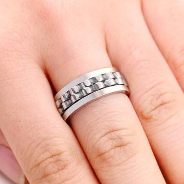 Imagem de Anel giratório de aço inoxidável branco/preto dourado | Ansiedade da engrenagem para alívio de estresse para homens e mulheres | (Tamanho 6-10) YA4403, Aço inoxidável Metal, Sem pedra preciosa
