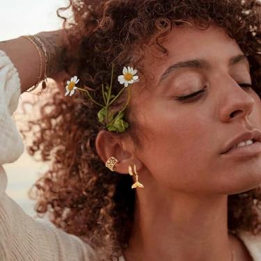 Imagem de Brinco feminino sem piercing banhado a ouro 14 K, zircão cúbico, flor oca, joia, presente, Medium, Latão, Sem pedra preciosa