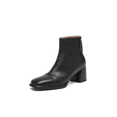 Imagem de TinaCus Bota feminina de cano curto de couro legítimo feito à mão bico quadrado com zíper nas costas, Preto, 36
