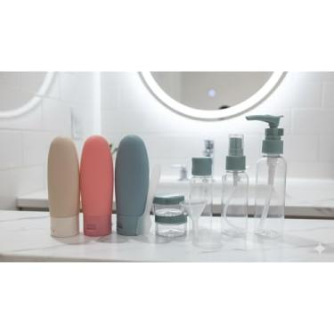 Imagem de Kit Conjunto Viagem 10 Peças CINZA Frascos Potes Antivazamento Recarregáveis Necessaire Transparente Funil e Espátula Bagagem de Mão