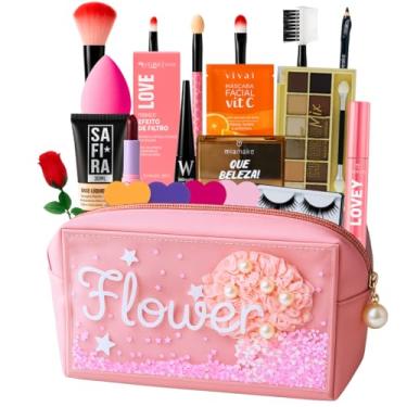 Imagem de Bolsa Maquiagem Profissional Completa Kit Make Rosa Pincéis Paleta Sombras Itens (MORENA)