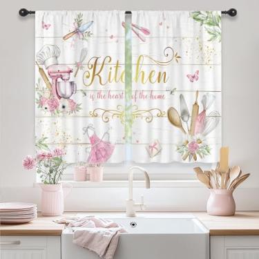 Imagem de Riyidecor Farmhouse Cortinas curtas para cozinha rústica, tábua de madeira, madeira, folha de madeira, retrô, bolso para varão, citação engraçada, quarto, sala de estar, tratamento de tecido, 2