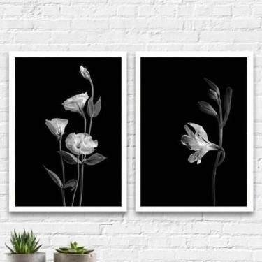 Imagem de Kit 2 Quadros Flores Branco E Preto 24X18Cm - Branca - Quadros On-Line