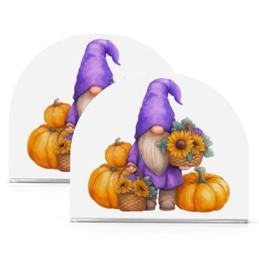 Imagem de ATTX Pacote com 2 porta-guardanapos de acrílico de Ação de Graças com design de abóboras girassóis e gnomos - Organizador decorativo de mesa para cozinha, restaurante, decoração de férias de casa #435