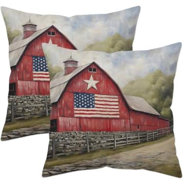 Imagem de HYJ Capa de almofada decorativa EUA Red Farm House placa rústica country road capa de almofada decoração de casa de fazenda para sofá 45,7 cm x 45,7 cm linho branco, conjunto de 2