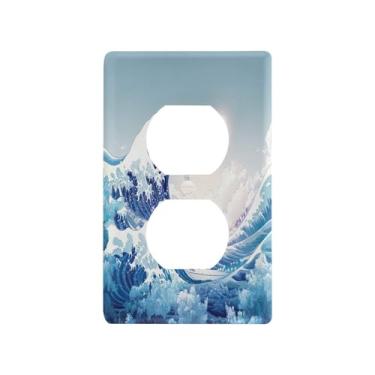 Imagem de Blueangle Placa de parede Great Wave Duplex Outlets, tamanho padrão, placas de cobertura de tomada elétrica de 1 gangue para decoração de quarto de escritório em casa, 4,53 x 2,76 polegadas (147)