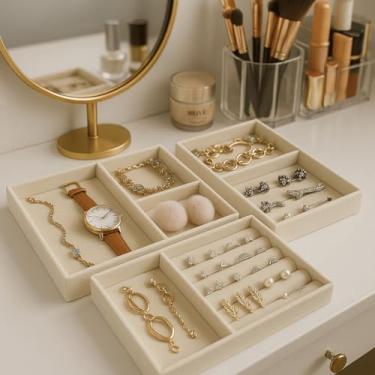 Imagem de Kit 2 Bandejas Porta Jóias de Veludo para Closet Gavetas Bandeja Organizador de Bijuterias Anel Brinco Relógio Pulseira e Colares