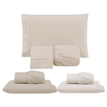 Imagem de Kit 3 Jogos de Lençol com Elástico e Fronhas Bordadas em Ponto Palito, 1 Casal Queen e 2 Solteiros, Micropercal 300 Fios, 100% Poliéster (CQS Versat (Cáqui/Cáqui/Palha))