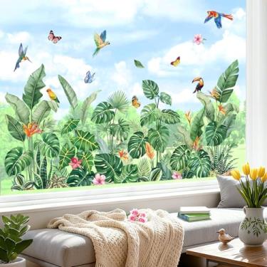 Imagem de decalmile Adesivos adesivos de janela dupla face folhas tropicais primavera verão folhas de palmeira anticolisão portas de vidro adesivos de janela