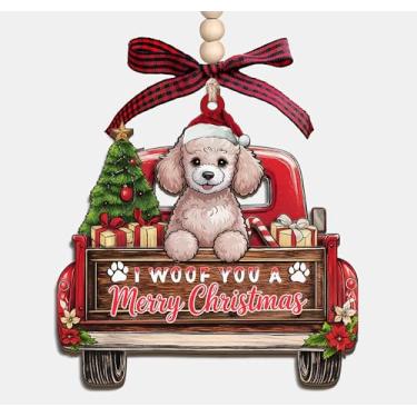Imagem de Enfeite de madeira I Woof You A Merry Christmas - Caminhão de Natal com cachorro Poodle 3 camadas, enfeite de lembrança de madeira, presentes para mulheres, homens, amantes de animais de estimação e