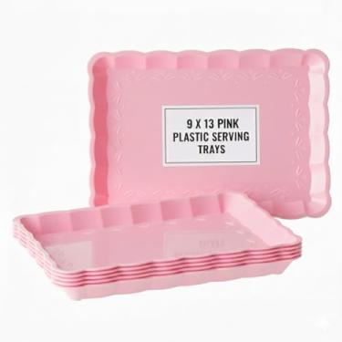 Imagem de Pacote com 6 bandejas de plástico rosa para festas, 23 x 33 cm - Bandejas de plástico resistente para alimentos - Bandejas e travessas retangulares para servir de festa - Bandejas descartáveis rosa