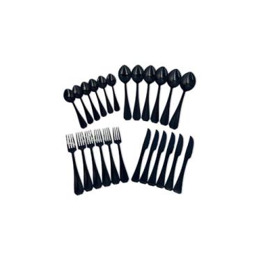 Imagem de Faqueiro Black em Aço Inox, 24 Peças, Preto, Moderno, Inclui Garfos, Facas de Churrasco, Colheres de Mesa e Chá