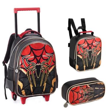 Imagem de Kit Mochila Infantil Preta Homem Aranha Rodinha Escolar Menino + Lanch