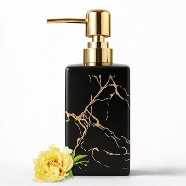 Imagem de Dispensador de sabão de cerâmica preta com listras douradas, dispensador de sabão de mão recarregável para bancada de banheiro e pia de cozinha, frasco quadrado moderno com loção para louça, sabonete