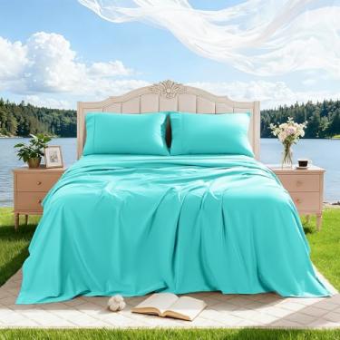 Imagem de REDASW Jogo de lençol casal 100% algodão egípcio, 4 peças, 1000 fios, respirável, macio, lençol com elástico de 40,6 cm (casal, verde lago)