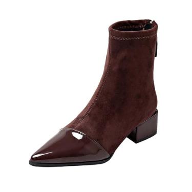 Imagem de Botas femininas modernas de inverno, casual, patchwork, bico fino, zíper, salto médio, conforto, Marrom, 34