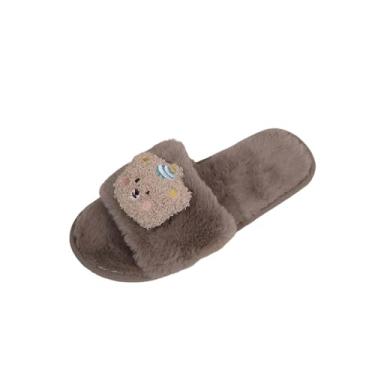 Imagem de Pantufas femininas casuais de bico aberto plus size com tema de urso quente outono inverno, Caqui, 35