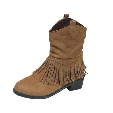 Imagem de Botas femininas casuais de cor sólida estilo ocidental borla plus size botas de salto outono inverno, Marrom, 34