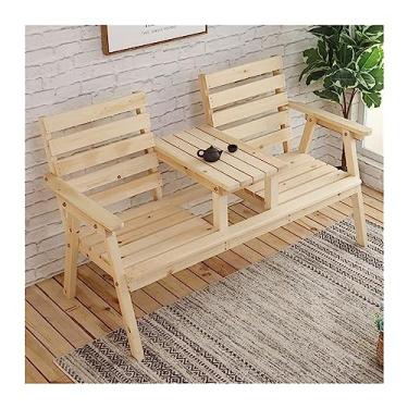 Imagem de Bancos de jardim de parque ao ar livre, banco de jardim ao ar livre com encosto e mesa central, assento duplo adequado para terraço, varanda, quintal, deck e móveis (natural)