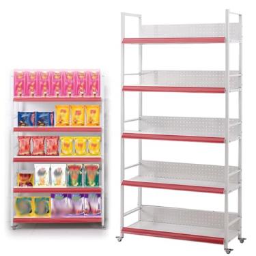 Imagem de Prateleira móvel de supermercado com rodas, lanches, bebidas, medicamentos, batatas fritas, expositores, para papelaria, farmácias, cozinha, carrinho de exibição push-pull multicamadas (cor: branco