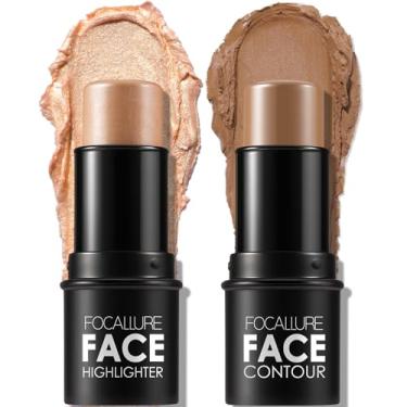 Imagem de FOCALLURE 2 peças de bastão de contorno de creme mineral, iluminador hidratante e caneta bronzeadora, lápis antiaderente, brilho facial e sombreado, maquiagem iluminadora facial de deslizamento suave