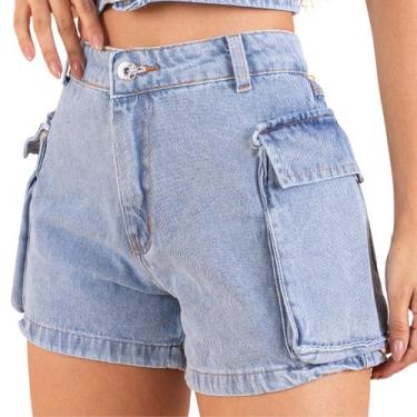 Imagem de Short Jeans Cargo Claro Bolsos Laterais Cintura Alta - Magalu Marketpl