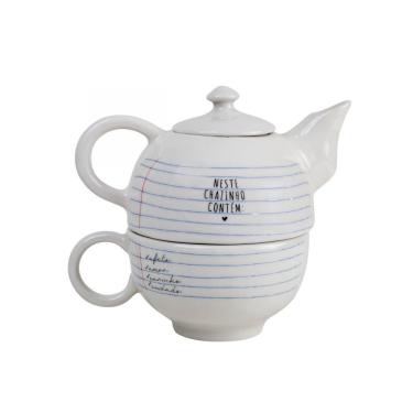 Imagem de Bule e Xícara Contém Afeto para Chá Individual Porcelana Conjunto Empilhável 0,45L Imaginarium