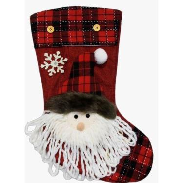 Imagem de Decoração Natal Bota Meia Xadrez Papai Noel Natalino 49cm