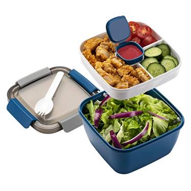 Imagem de Recipiente de almoço para salada Freshmage, tigelas de salada de 1,5 L com 3 compartimentos, recipiente para molhos de salada para coberturas de salada, lanches, homens, mulheres (azul)