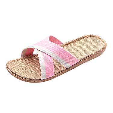 Imagem de Sandálias femininas de tecido de linho com canudo para mulheres e homens, sapatos de verão para casa de praia (rosa, 7)