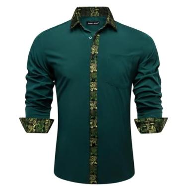 Imagem de Camisas masculinas de seda manga longa azul-petróleo sólido patch Paisley Slim blusa masculina Casaul lapela tops primavera outono, 0370, M