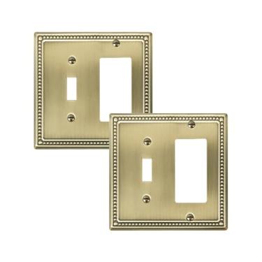 Imagem de TREEWELL Conjunto de 2 unidades com interruptor de luz decorativo/interruptor de luz decorativa, tampas de tomada elétrica decorativas, placas de interruptor de parede de metal e tampas de tomada, latão antigo