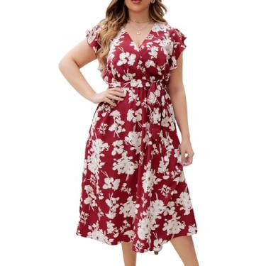 Imagem de CUPSHE Vestido feminino plus size 2024 verão midi vestidos decote em V babados mangas cavadas cinto evasê vestido de verão, Vermelho vinho/floral, 4X-Large Plus