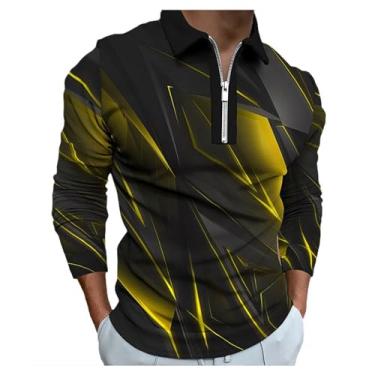 Imagem de Camisa polo masculina estampada em 3D estampa geométrica pulôver gola larga manga longa clássica, Amarelo, G