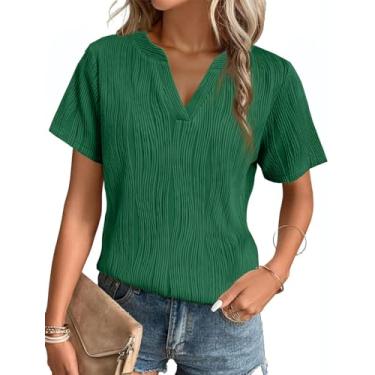 Imagem de Blusas femininas de verão, gola V, moderna, de manga curta, texturizada, leve, macia, casual, roupas básicas de verão, Verde escuro, G