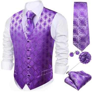 Imagem de Barry.Wang Colete masculino formal floral Paisley Jacquard gravatas de seda conjunto de colete casamento 5 peças, Roxo escuro C, G