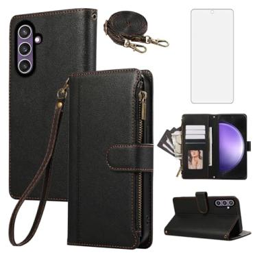 Imagem de Asuwish Capa de celular para Samsung Galaxy S23 FE 5G com zíper carteira de celular com protetor de tela de vidro temperado alça transversal cordão suporte de cartão de crédito couro S 23 EF S23FE 23S