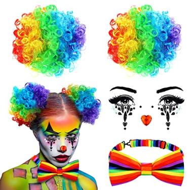 Imagem de Dingion 4 peças de acessórios de palhaço de Halloween para mulheres, inclui clipe de cabelo em puff bolos, joias, strass, adesivos, palhaço, gravata borboleta, Arco-íris, Tamanho Único