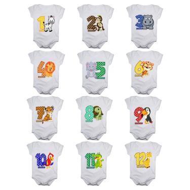 Imagem de Kit body de bebê mesversario manga curta estampa safari colorido 12 bodies 1 a 12 meses