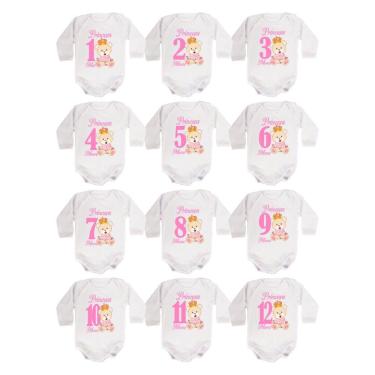 Imagem de Kit body bebê mesversario manga longa estampa ursinha princesa 12 bodies 1 a 12 meses