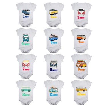 Imagem de Kit body bebê mesversario manga curta estampa kombi 12 bodies 1 a 12 meses